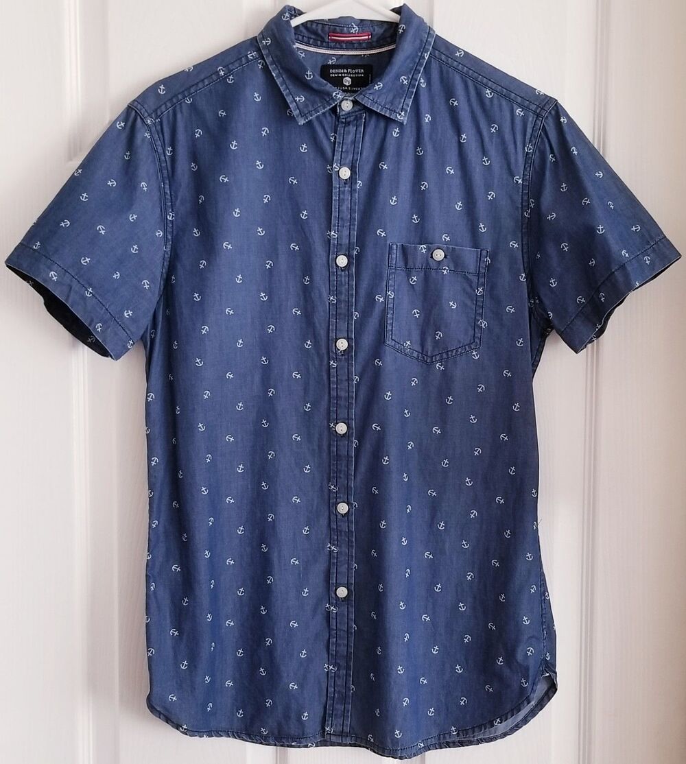 Denim & Flower Anchor Blue Denim Button Down Collared Shirt Men's Small Slim Fit